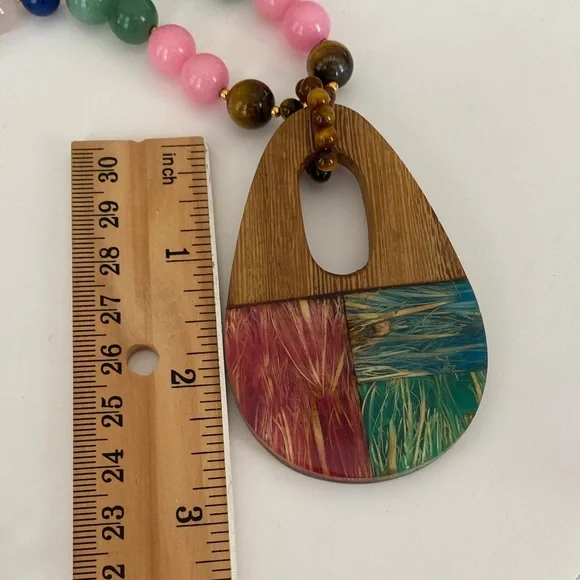 Lee Sands Multi Stone Bead Necklace with Wooden Pendant - Picture 4 of 6